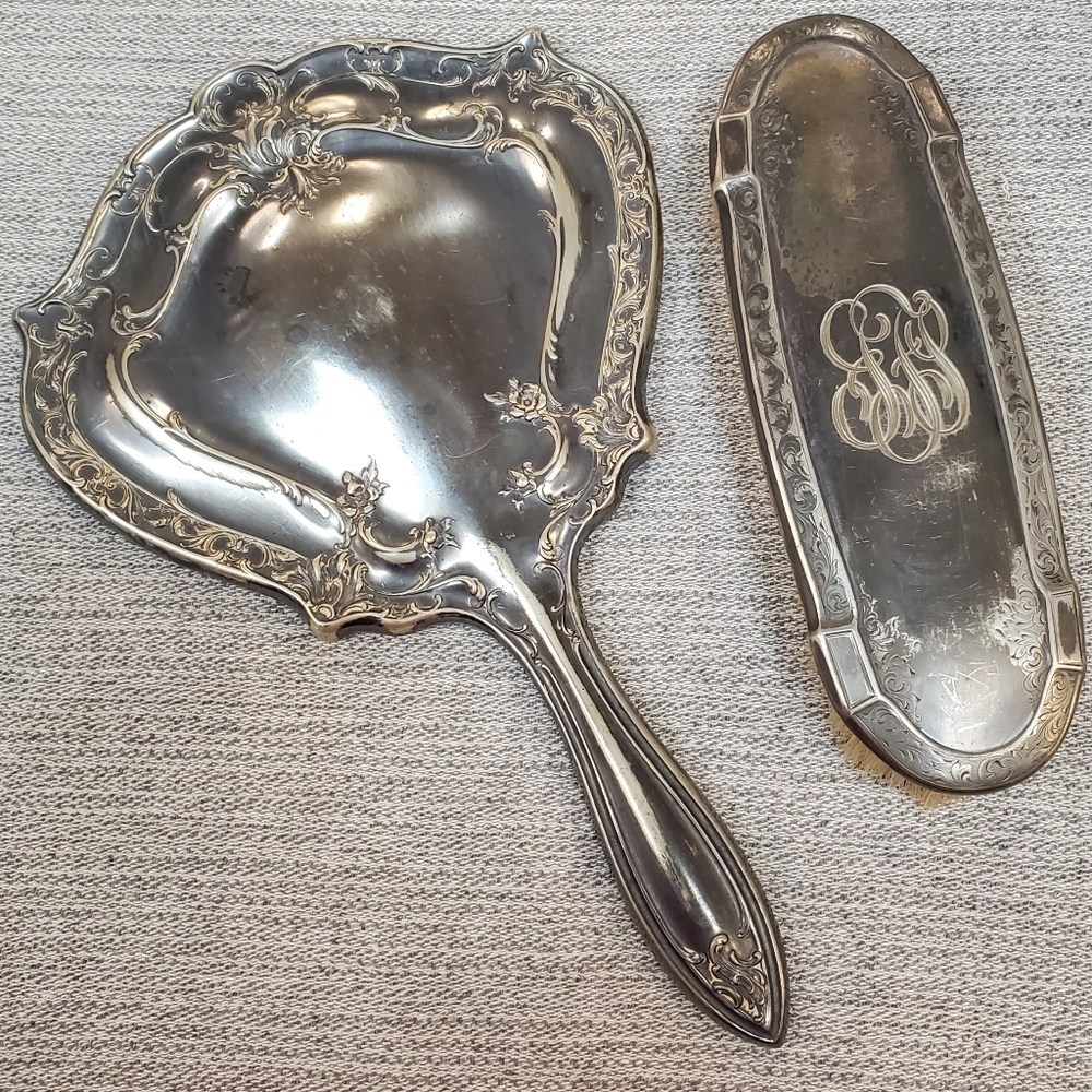 Antique Derby Silver Company 67 Hand Mirror & Monogrammed Brush